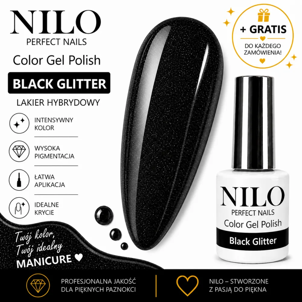 Lakier Hybrydowy Black Glitter – NILO no.102